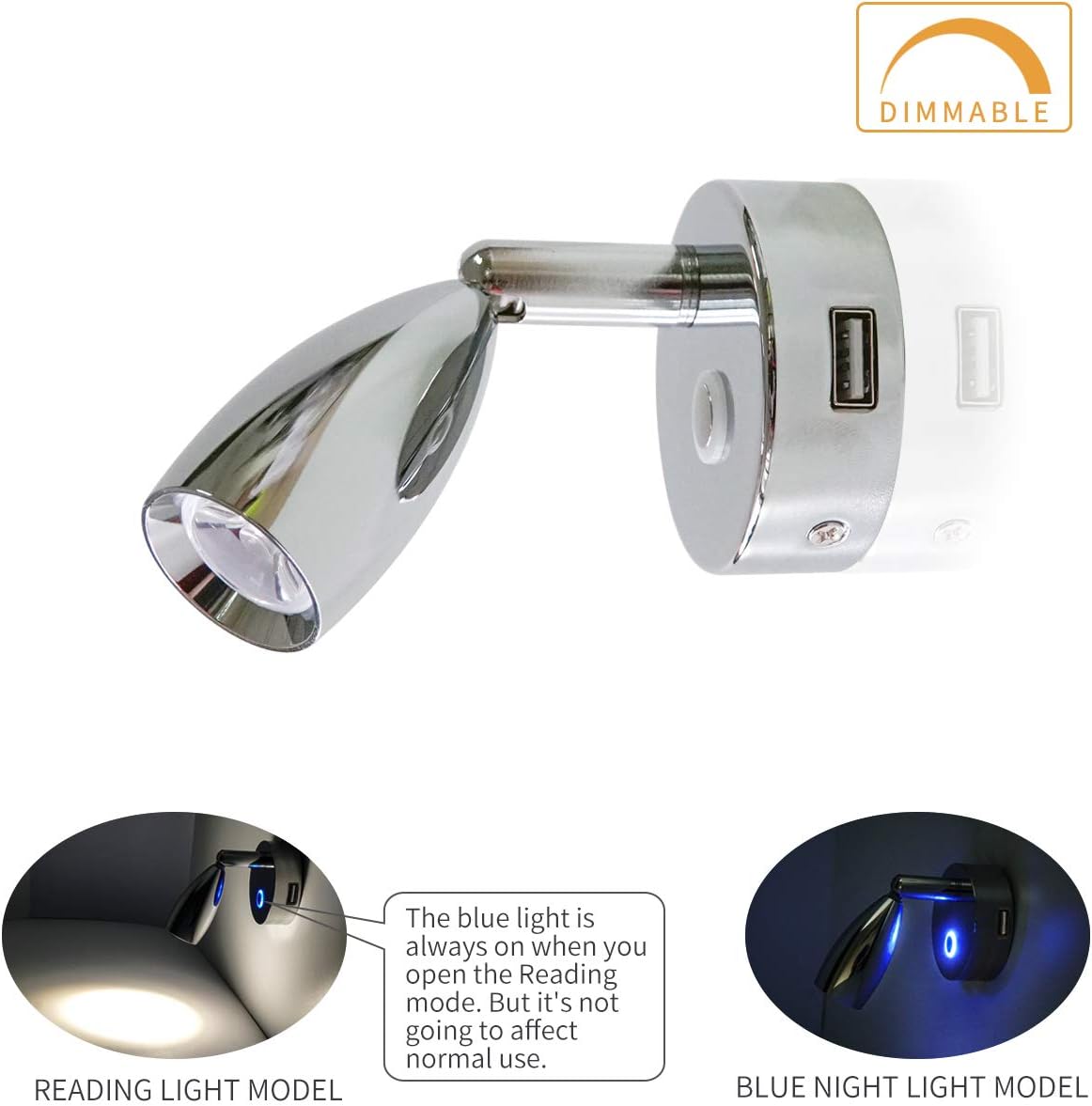 12V USB Reading Light with Touch Switch, Polished Chrome, Pack of 2 O2817