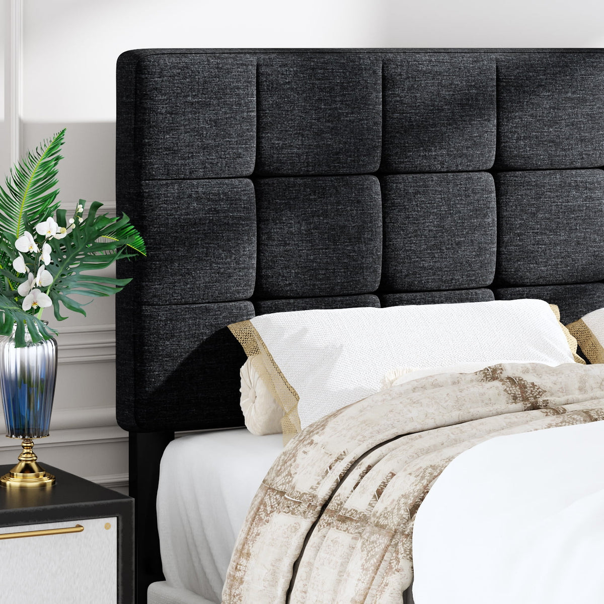 Queen Size Grey Upholstered Panel Platform Bed Frame F5366