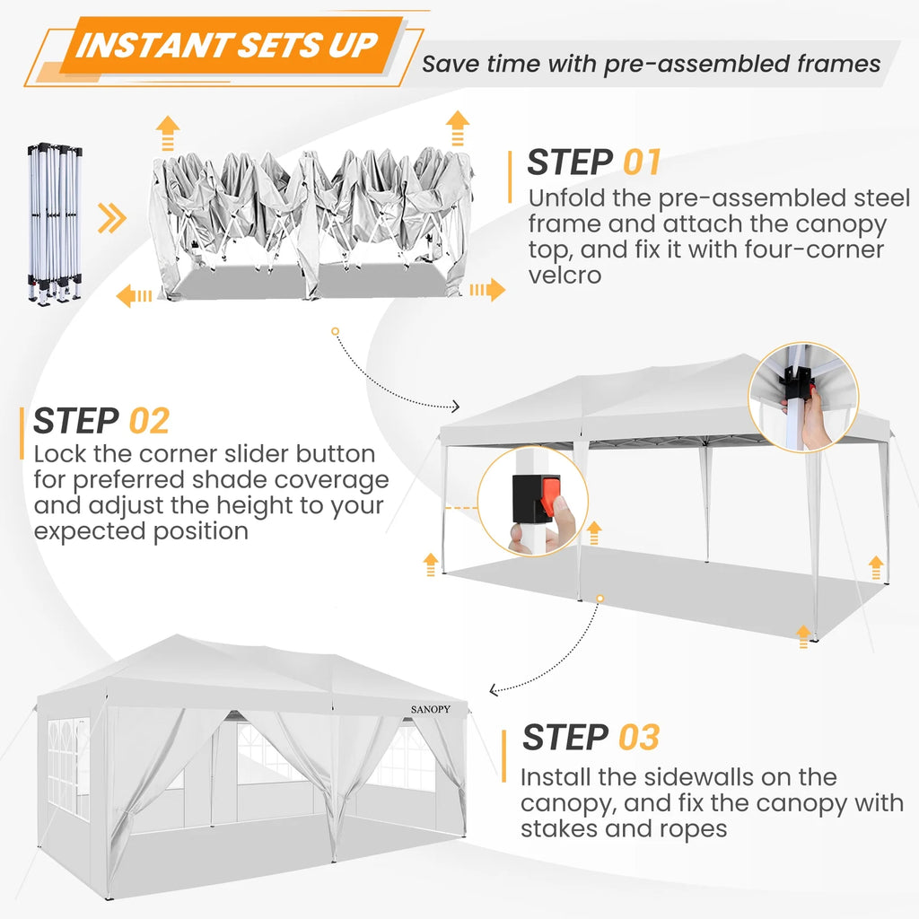 10' x 20' Pop Up Canopy Tent with 6 Removable Sidewalls and Carry Bag, White K732