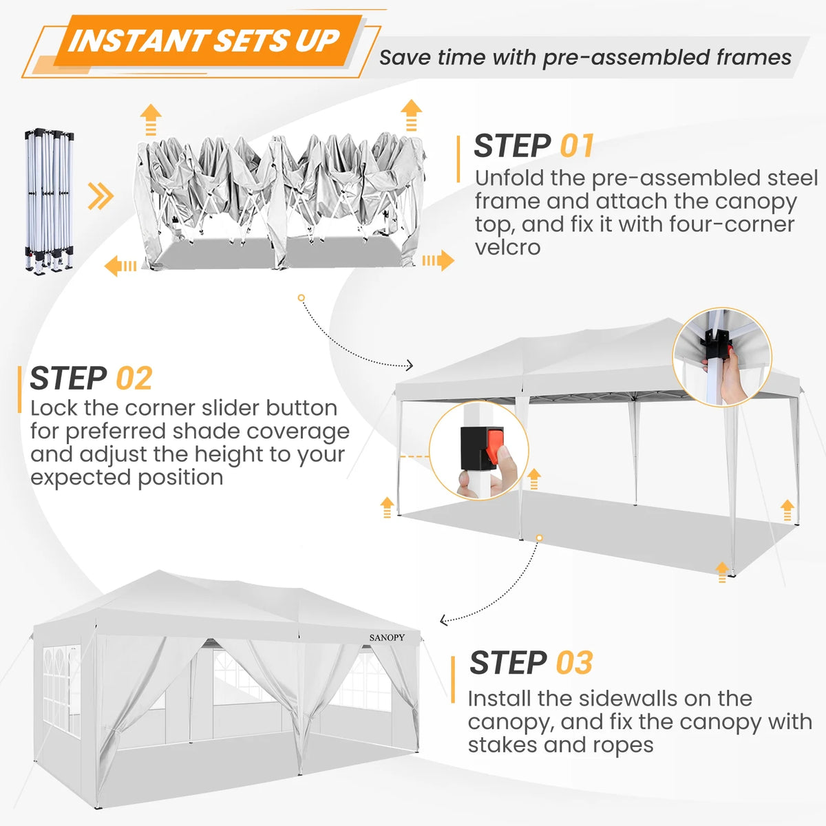 10' x 20' Pop Up Canopy Tent with 6 Removable Sidewalls and Carry Bag, White K732