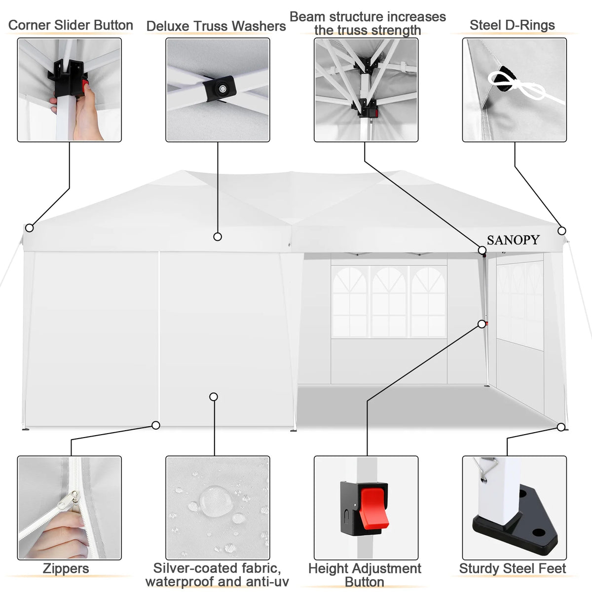 10' x 20' Pop Up Canopy Tent with 6 Removable Sidewalls and Carry Bag, White K732