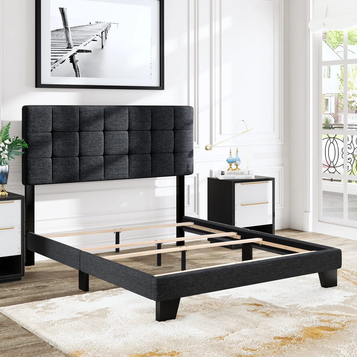 Queen Size Grey Upholstered Panel Platform Bed Frame F5366