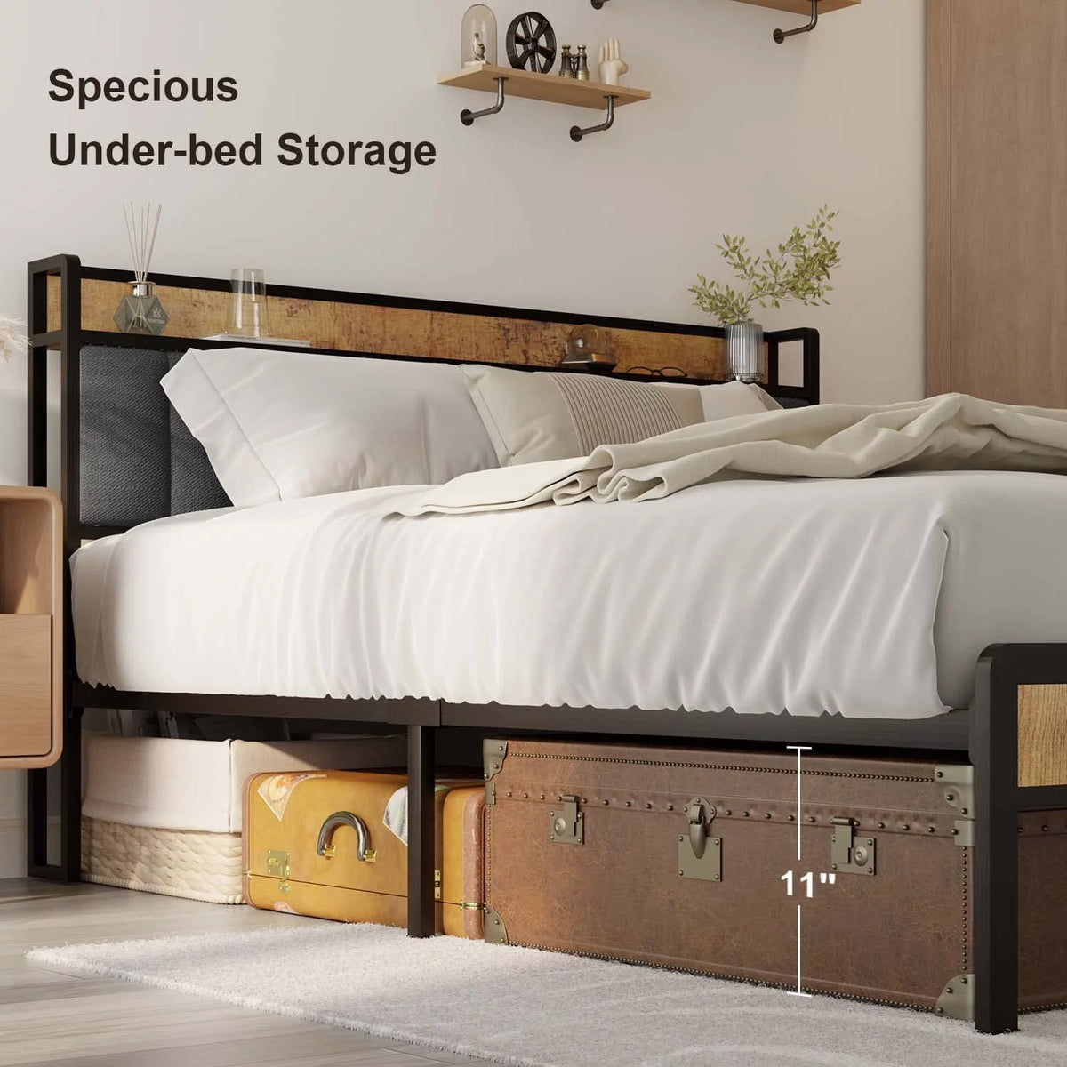 Full Size Bed Frame with Storage Headboard Dark Gray C498509