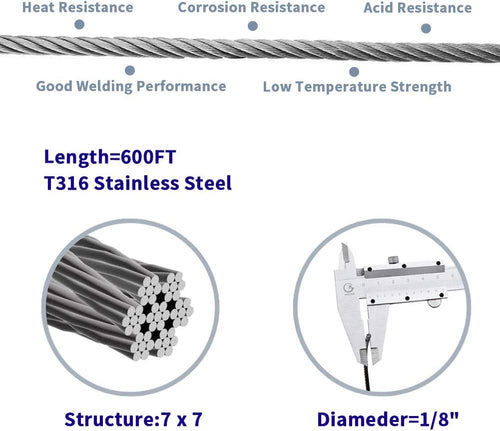 1/8 T316 Stainless Steel Cable with Cutter, 600FT 7 x 7 Strands Wire Rope X950
