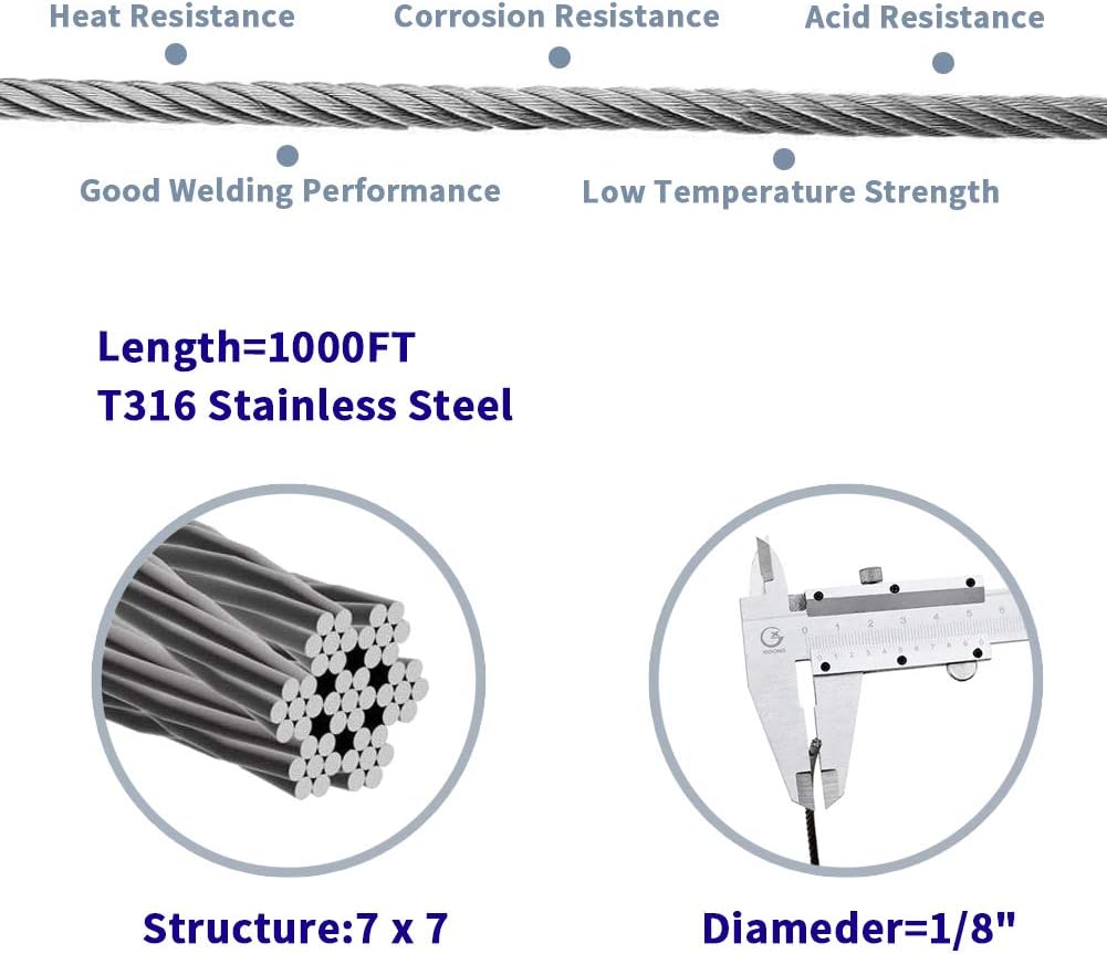 1/8 T316 Stainless Steel Cable with Cutter, 600FT 7 x 7 Strands Wire Rope X950