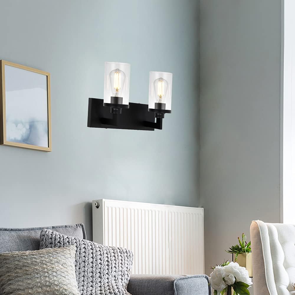 2 Light Matte Black Wall Sconces with Cylinder Glass Shade R661486