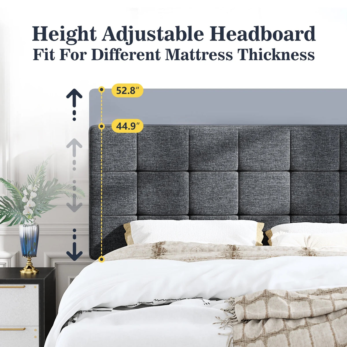 Queen Size Grey Upholstered Panel Platform Bed Frame F5366