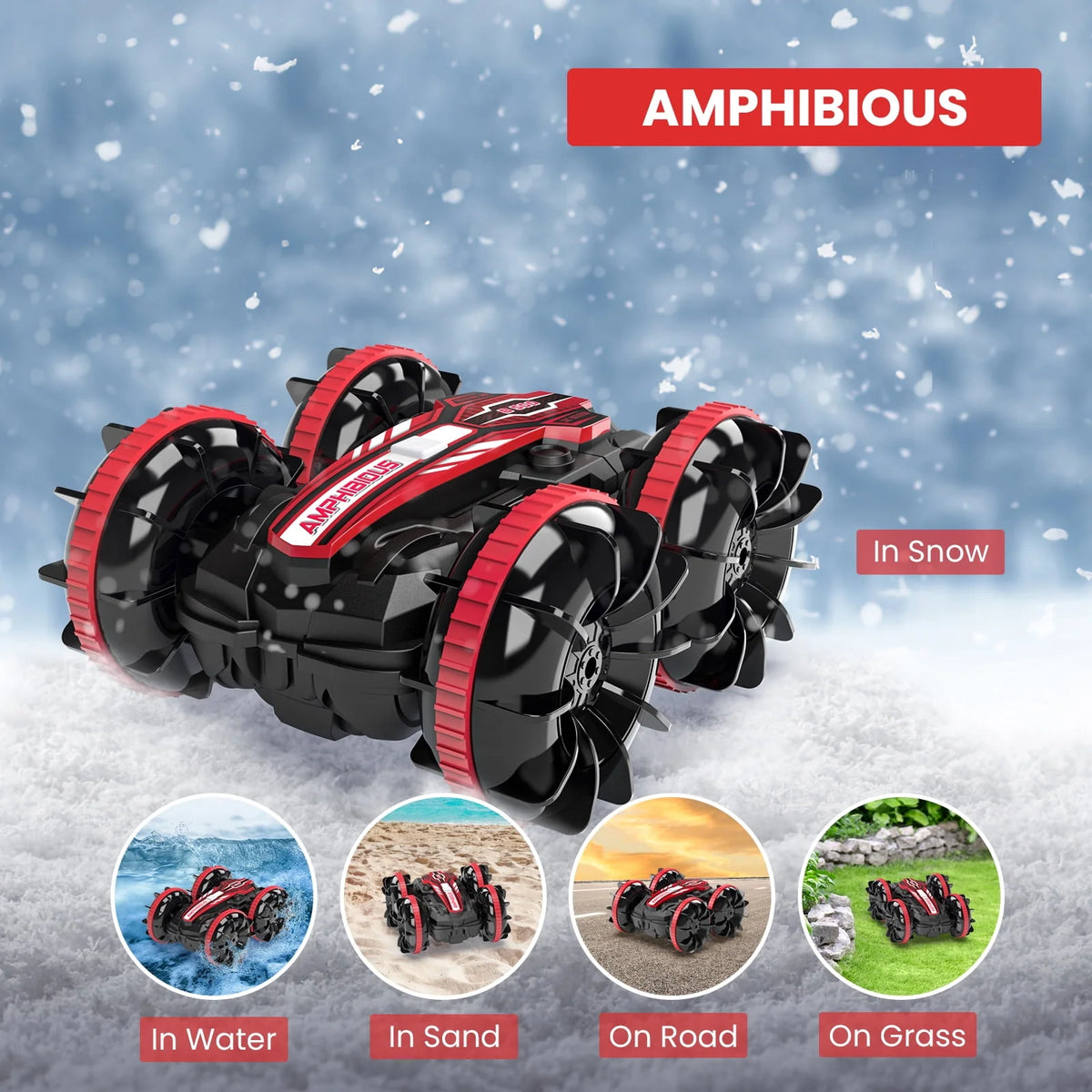Remote Control Car & RC Boat 2 in 1 4WD Off Road Red C530