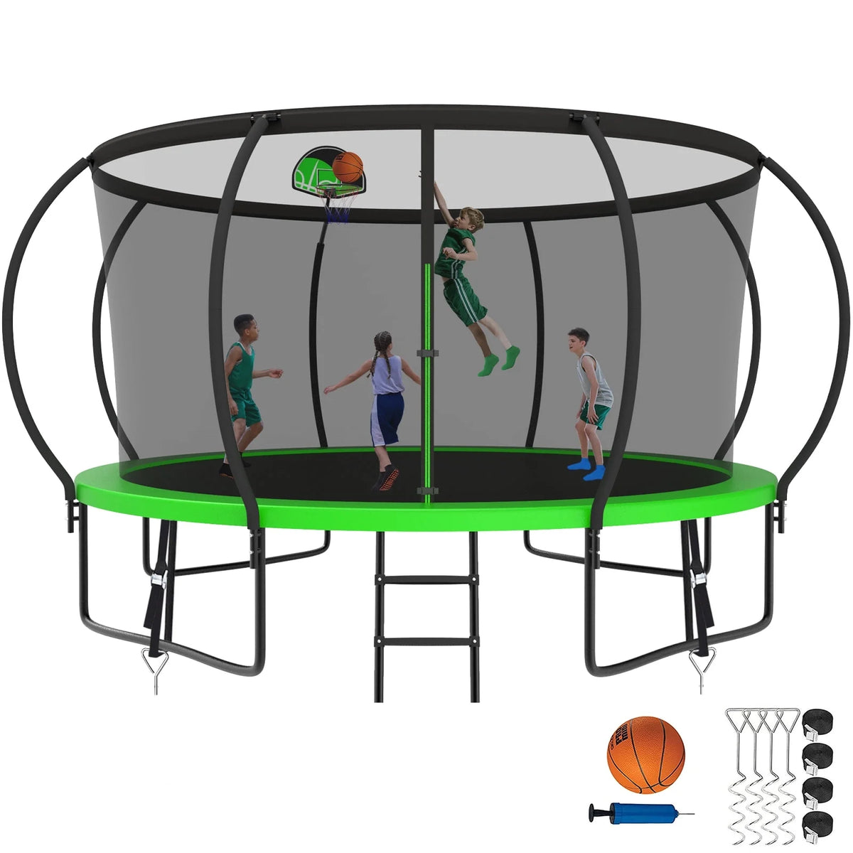 12FT 14FT Trampoline with Enclosure, Basketball Hoop, Light, Sprinkler, Socks, Wind Stakes R8579
