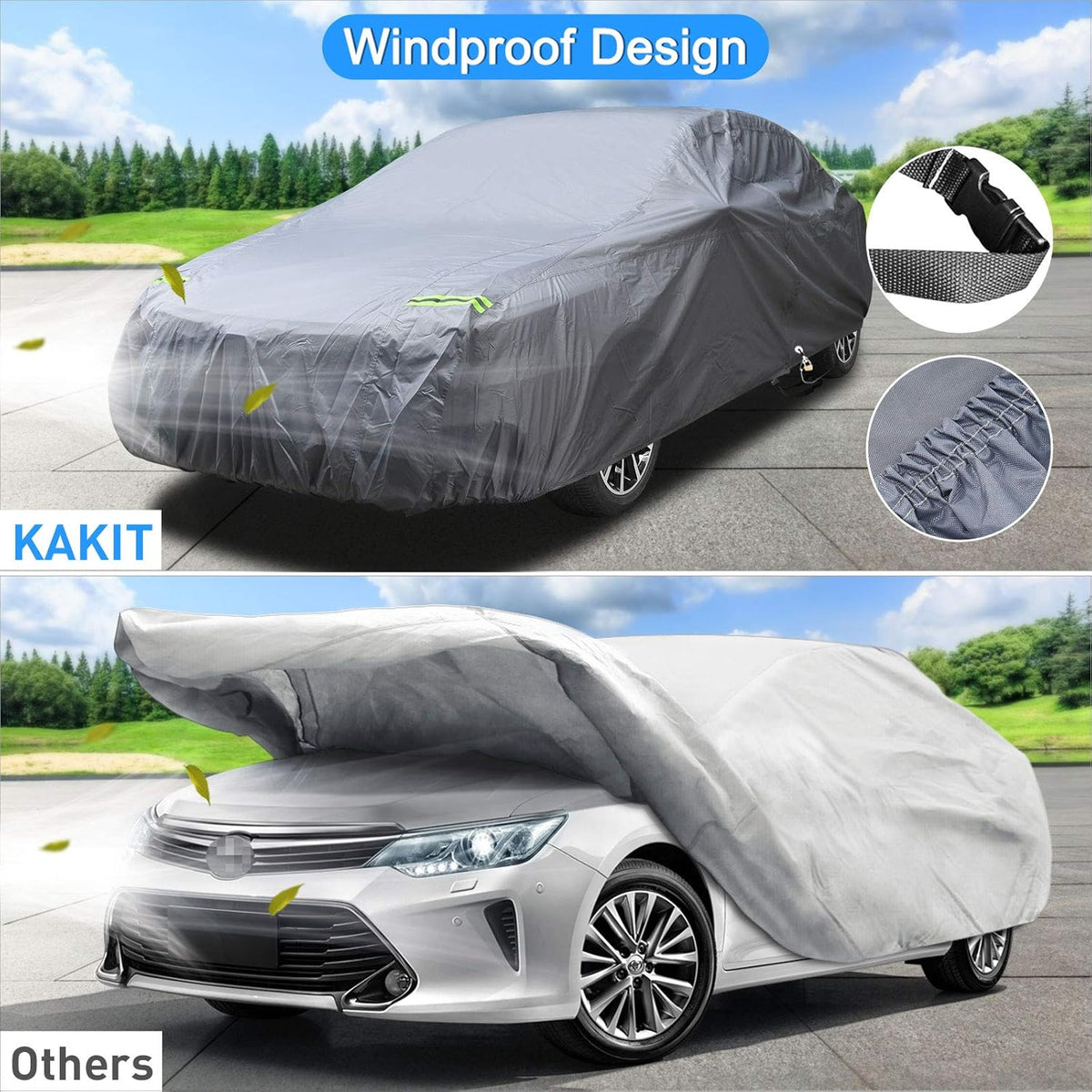 Waterproof Full Car Cover with Door Zipper Lock Straps Storage Bag R356534