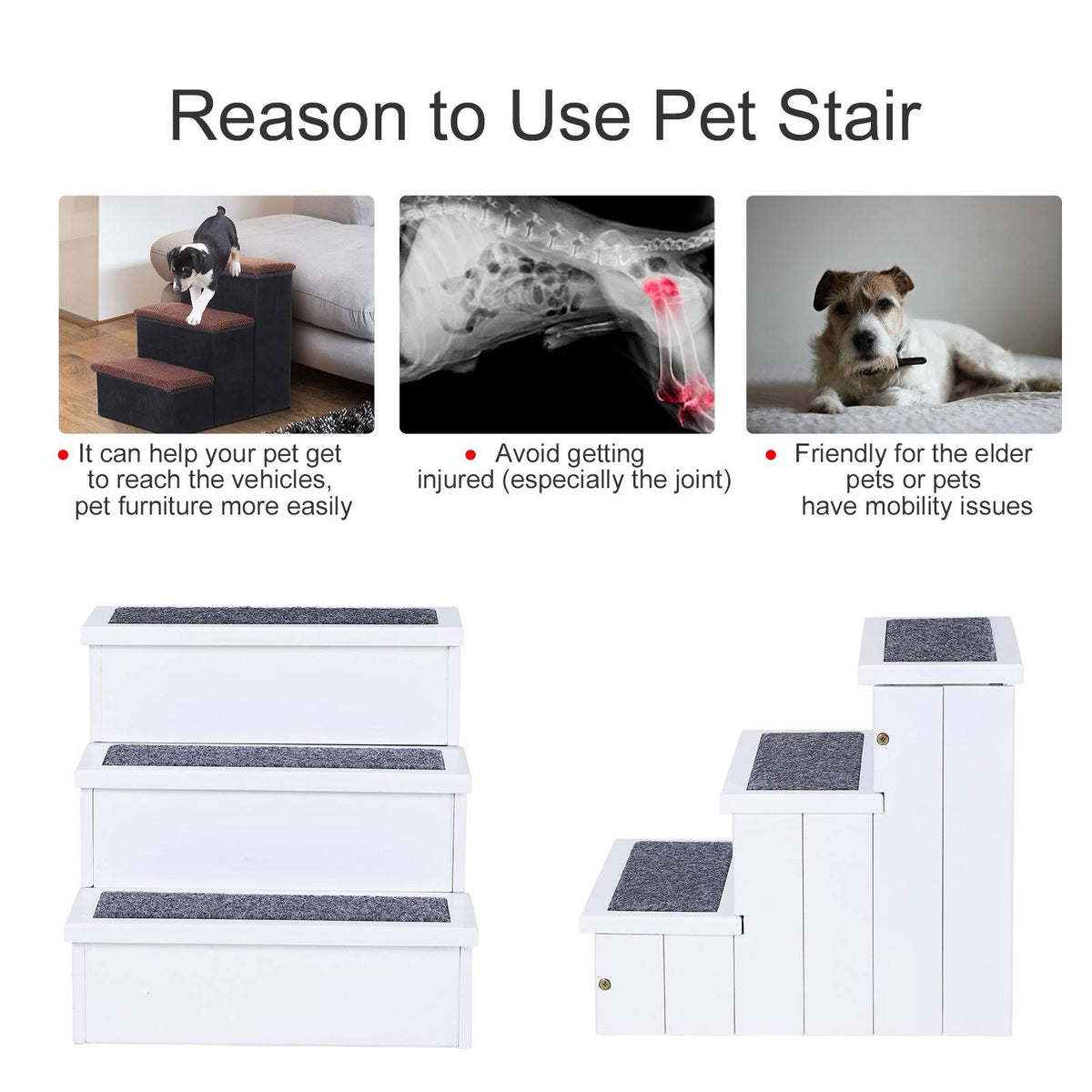 White 3 Step Wooden Non Slip Pet Stairs L279