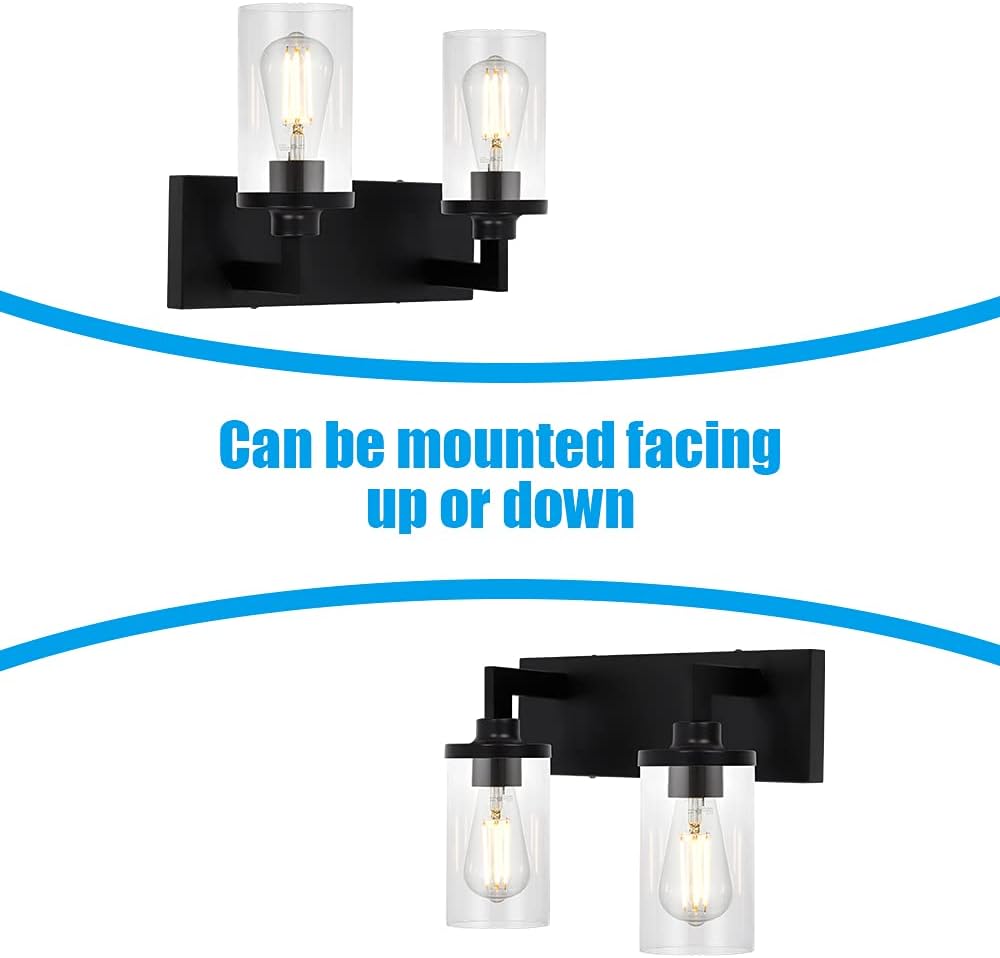 2 Light Matte Black Wall Sconces with Cylinder Glass Shade R661486