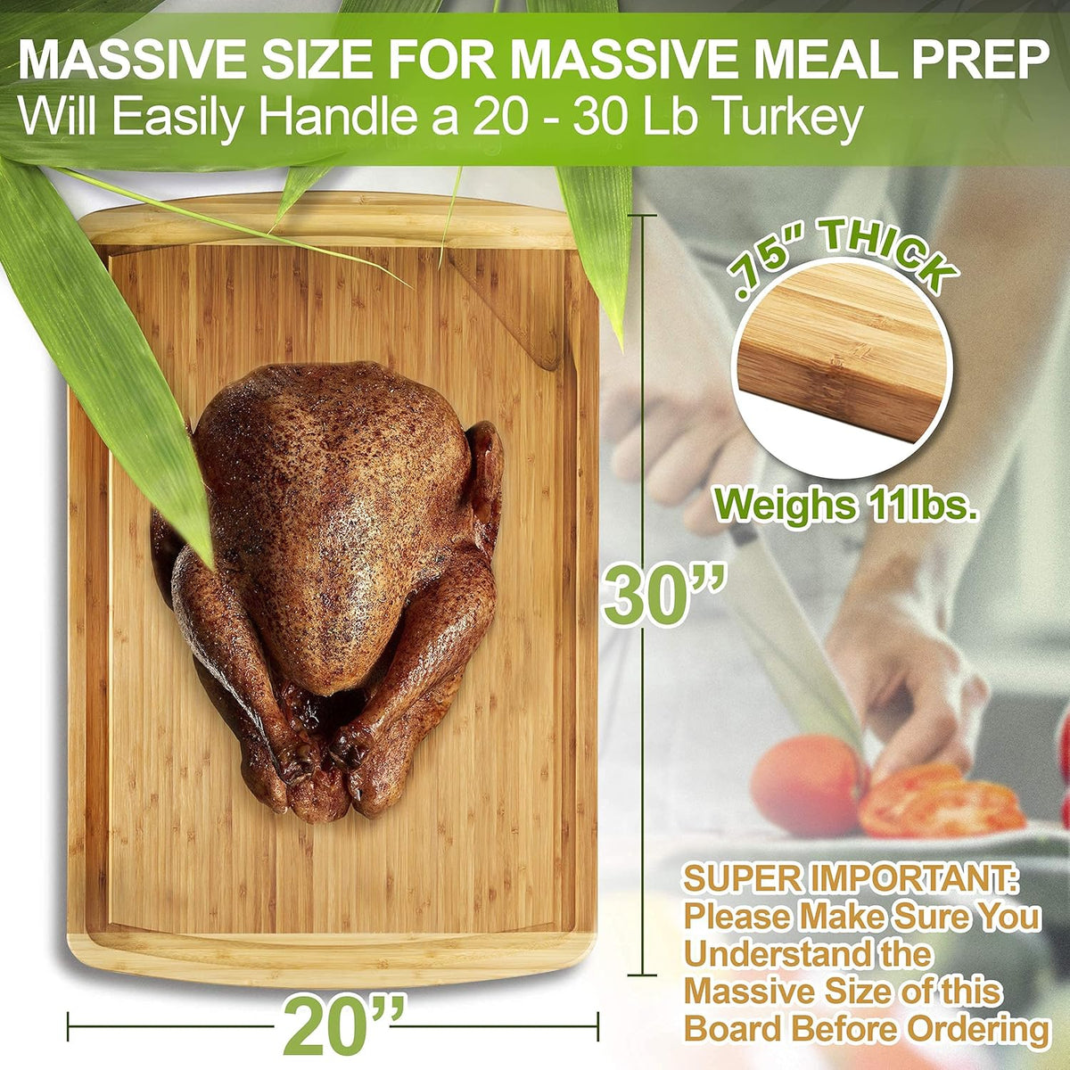 30 x 20 Inch Extra Large Bamboo Cutting Board with Handles G5165
