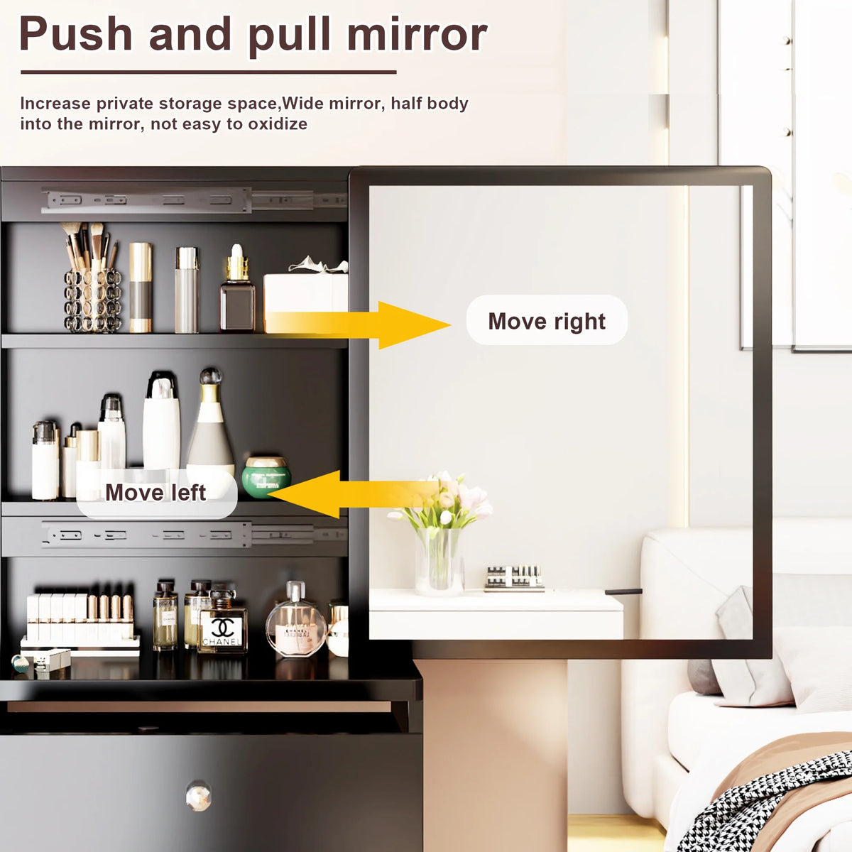 White Vanity Set with Sliding Mirror, Drawers & Stool C4699