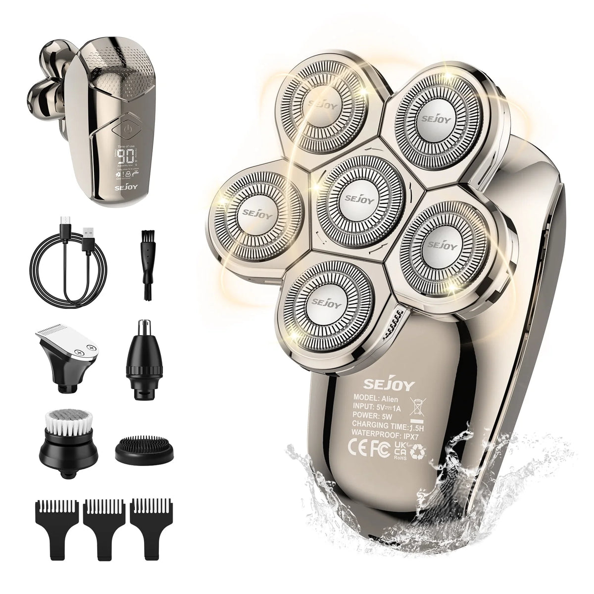 7D Head Shavers for Bald Men, 5-in-1 Cordless Waterproof Electric Razor Grooming Kit Y2407