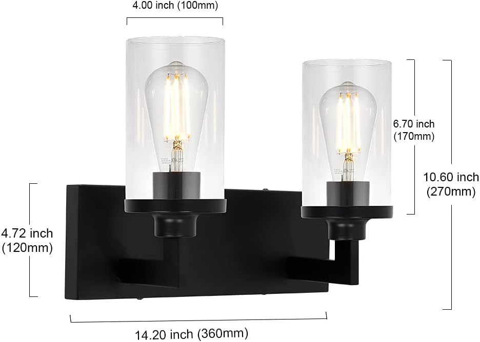 2 Light Matte Black Wall Sconces with Cylinder Glass Shade R661486