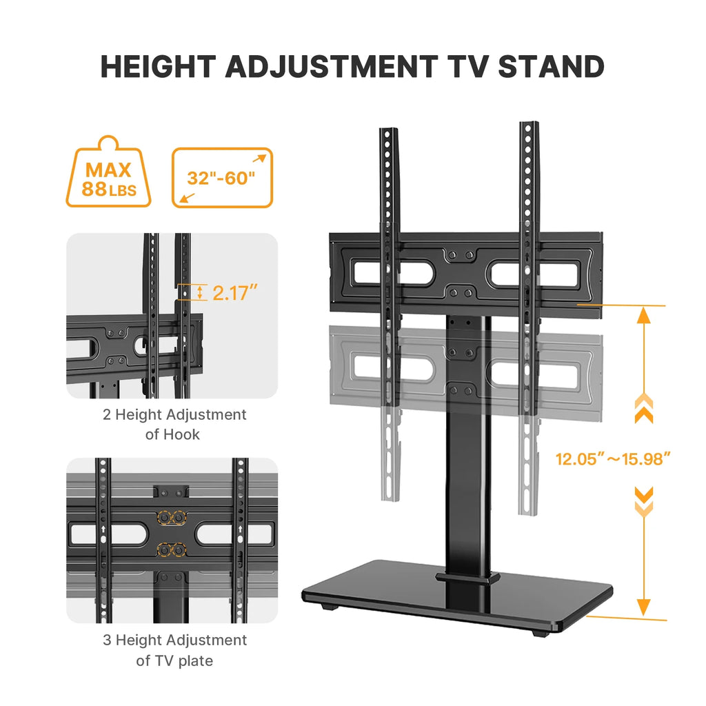 Black Universal Swivel Table Top TV Stand Glass Base for 32-65 inch TVs Z8414
