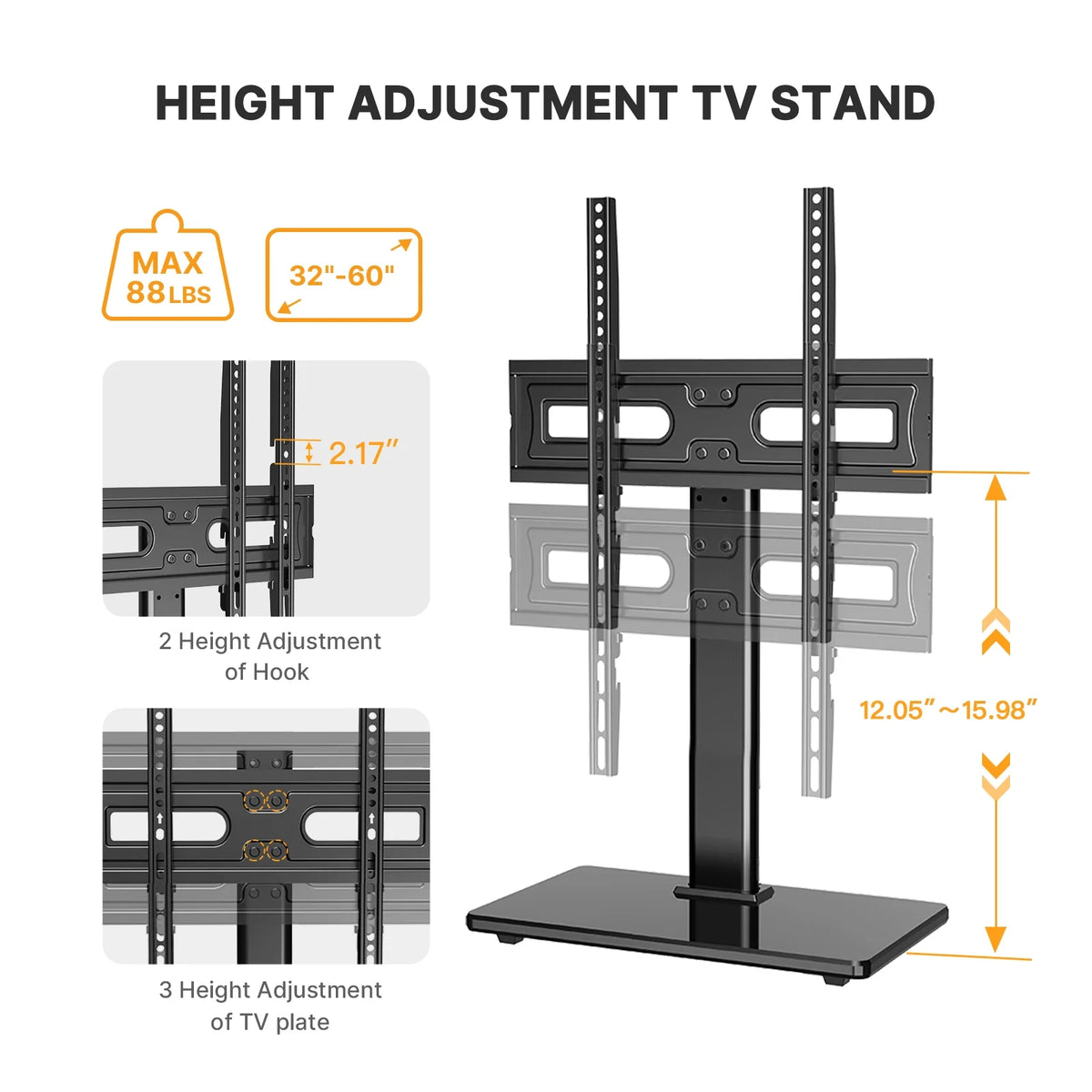 Black Universal Swivel Table Top TV Stand Glass Base for 32-65 inch TVs Z8414