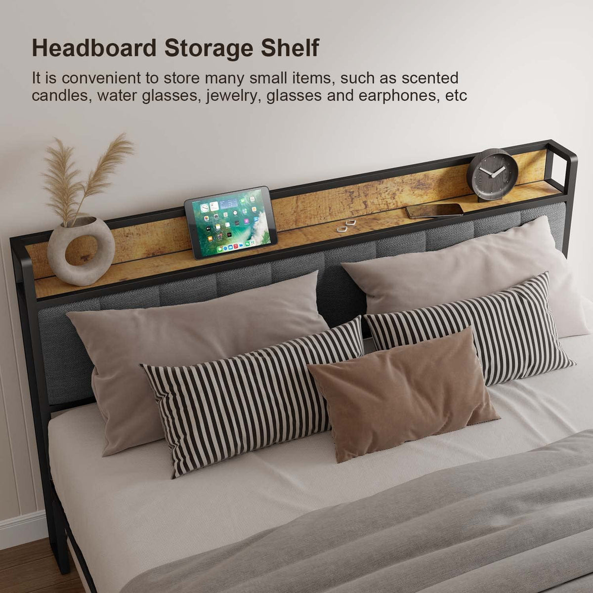 Full Size Bed Frame with Storage Headboard Dark Gray C498509