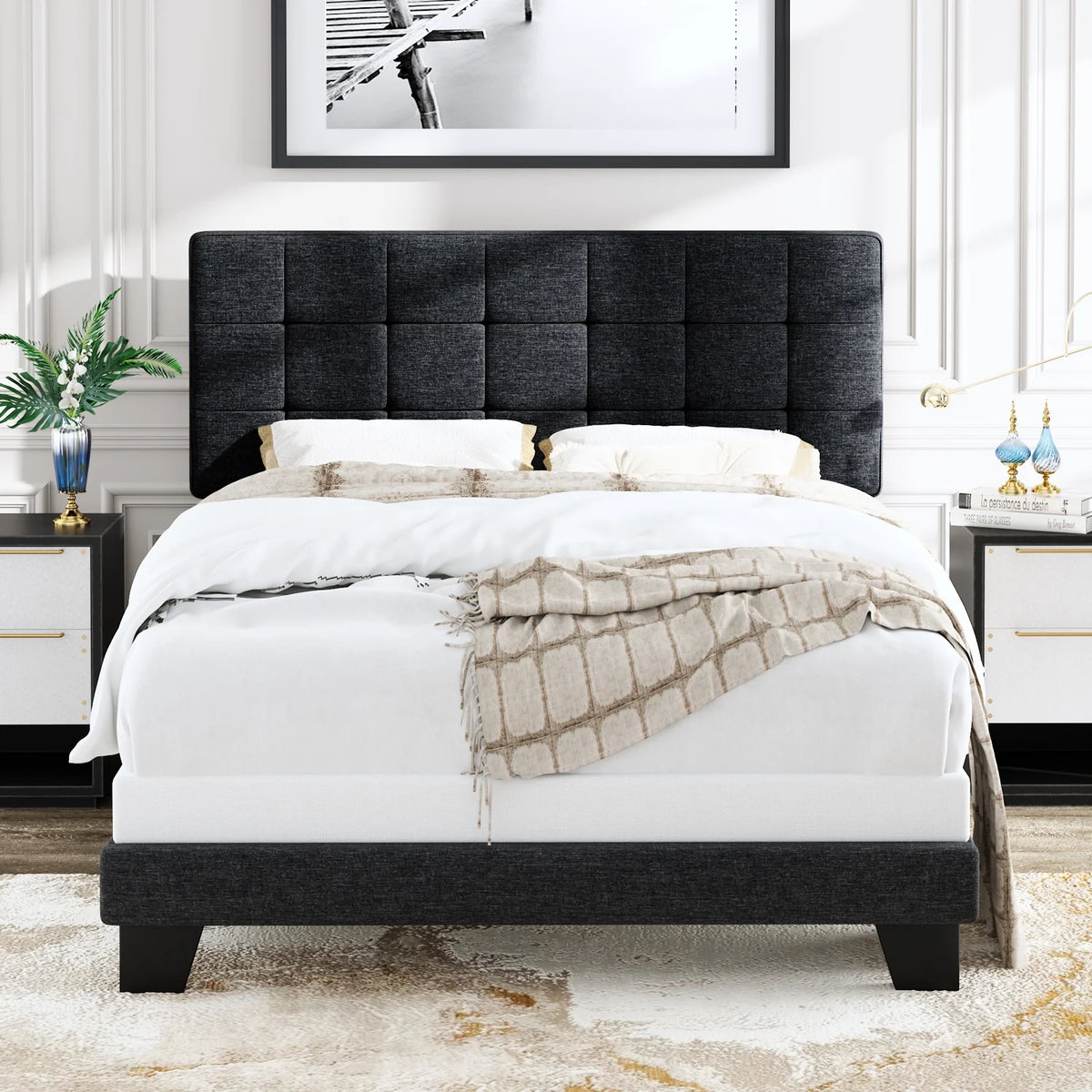 Queen Size Grey Upholstered Panel Platform Bed Frame F5366