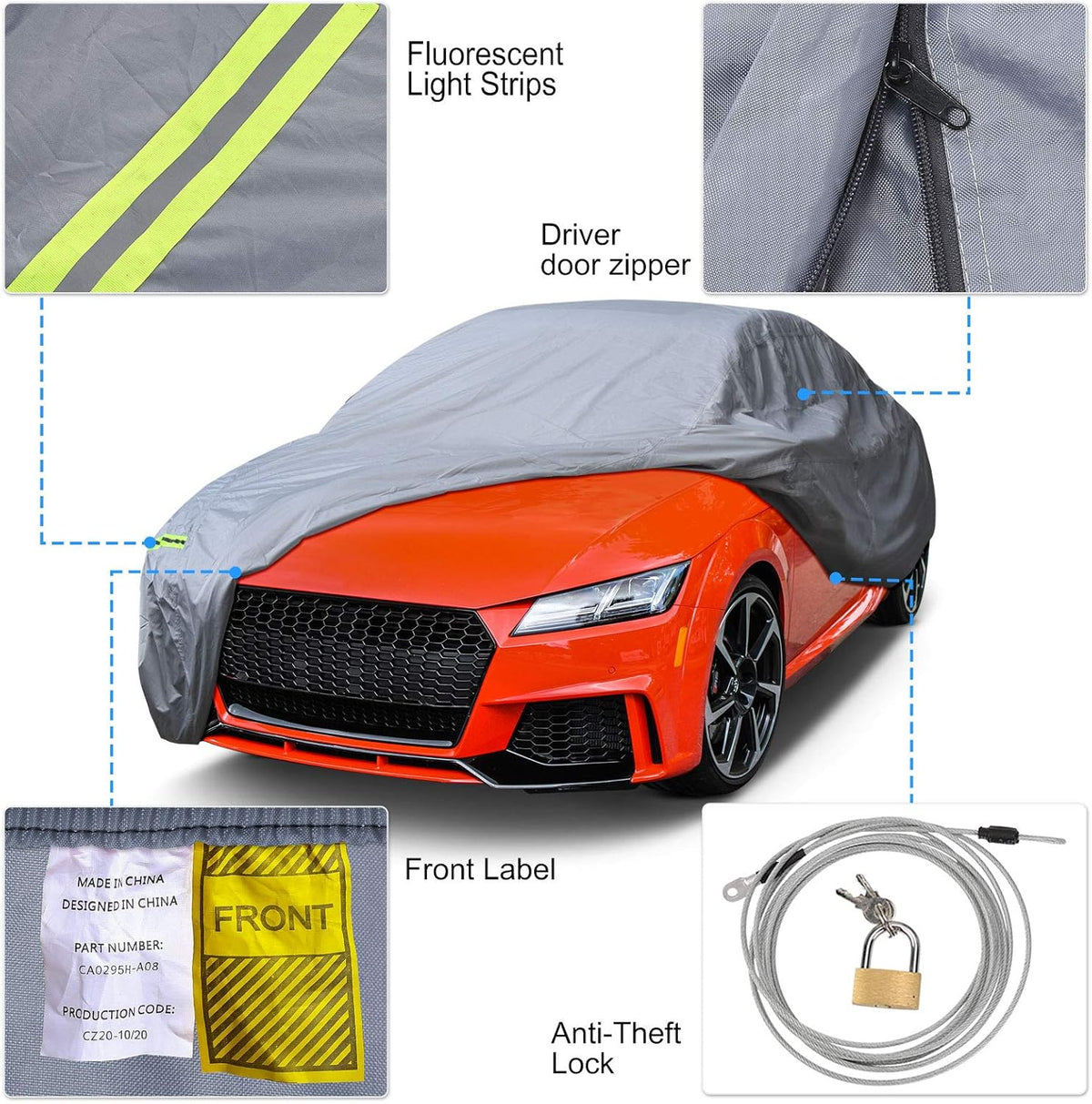 Waterproof Full Car Cover with Door Zipper Lock Straps Storage Bag R356534