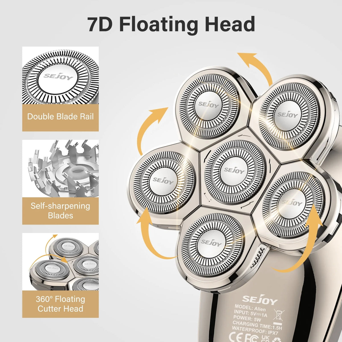 7D Head Shavers for Bald Men, 5-in-1 Cordless Waterproof Electric Razor Grooming Kit Y2407