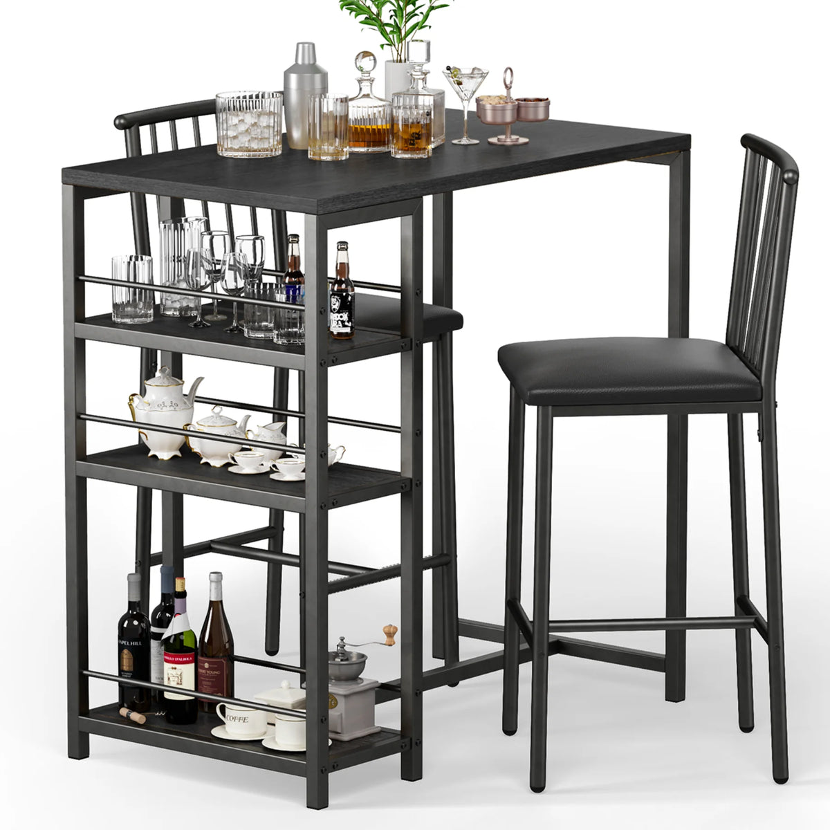 3-Piece Wooden Counter Height Dining Table Set Black T8674