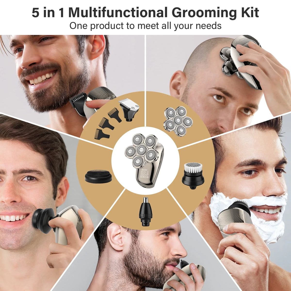 7D Head Shavers for Bald Men, 5-in-1 Cordless Waterproof Electric Razor Grooming Kit Y2407
