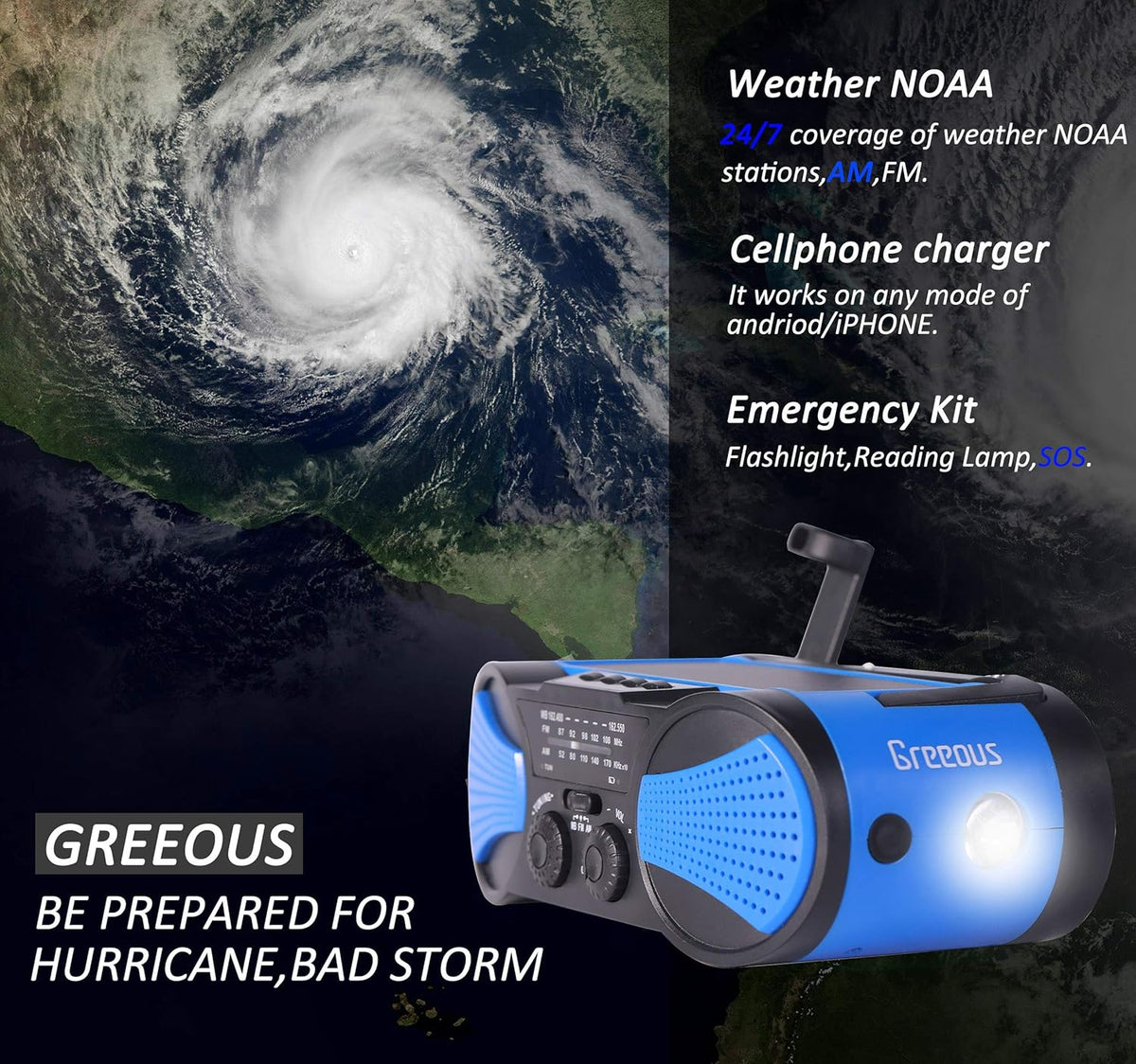 Blue Hand Crank Solar Weather Radio C40061