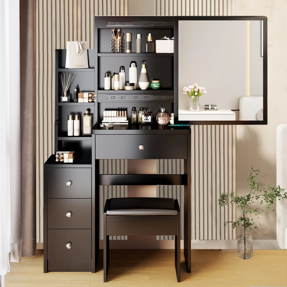White Vanity Set with Sliding Mirror, Drawers & Stool C4699