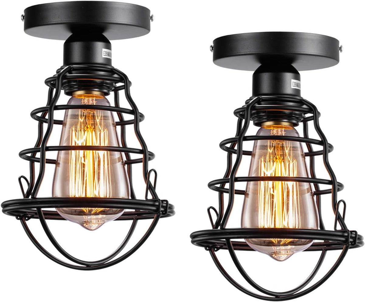 Vintage Black Metal Cage Semi Flush Mount Ceiling Light 2 Pack Y707