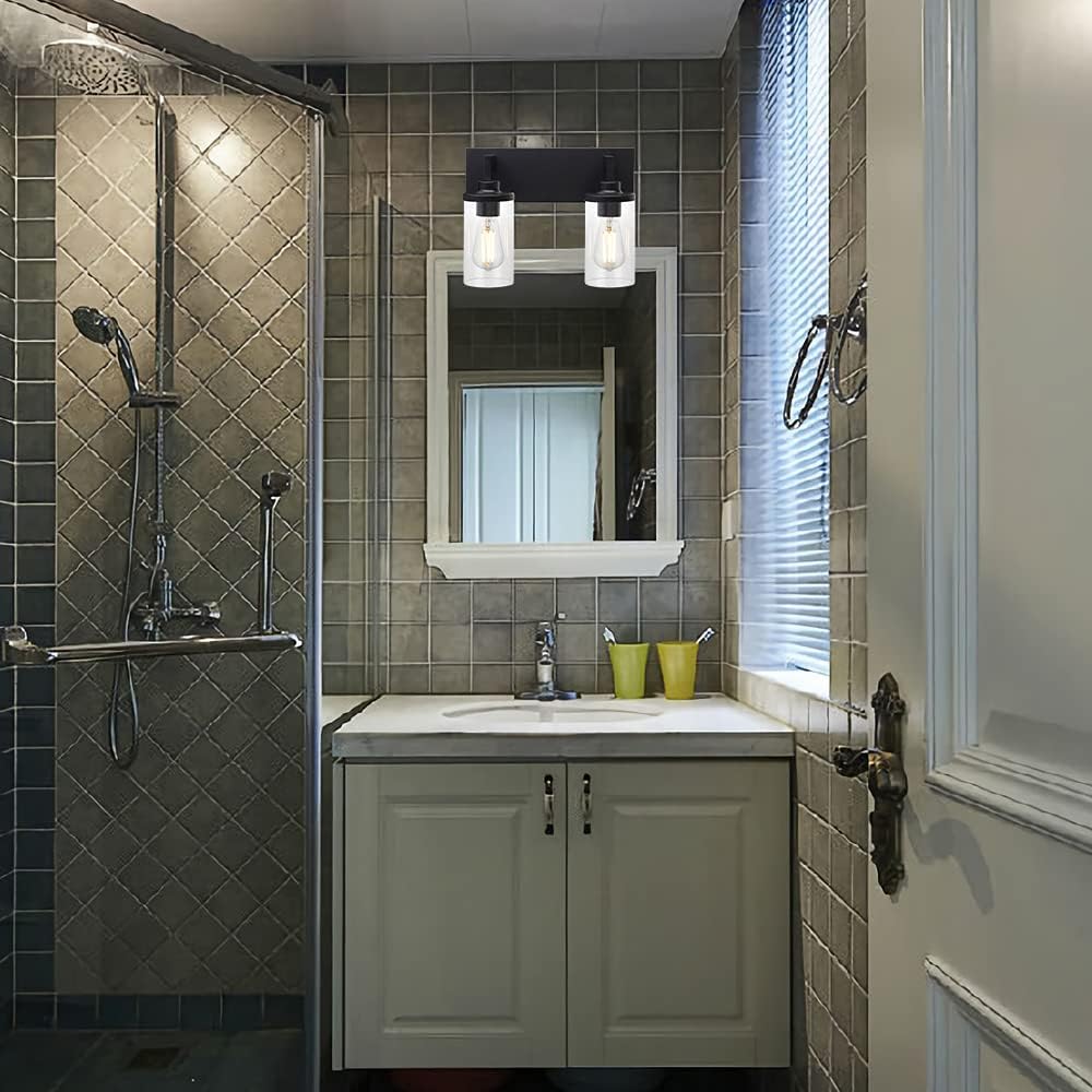 2 Light Matte Black Wall Sconces with Cylinder Glass Shade R661486