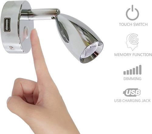 12V USB Reading Light with Touch Switch, Polished Chrome, Pack of 2 O2817