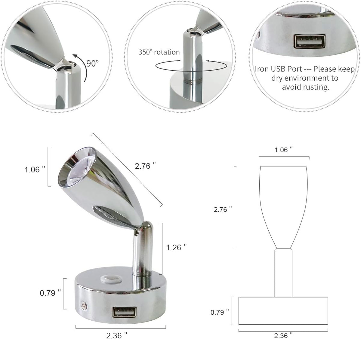 12V USB Reading Light with Touch Switch, Polished Chrome, Pack of 2 O2817