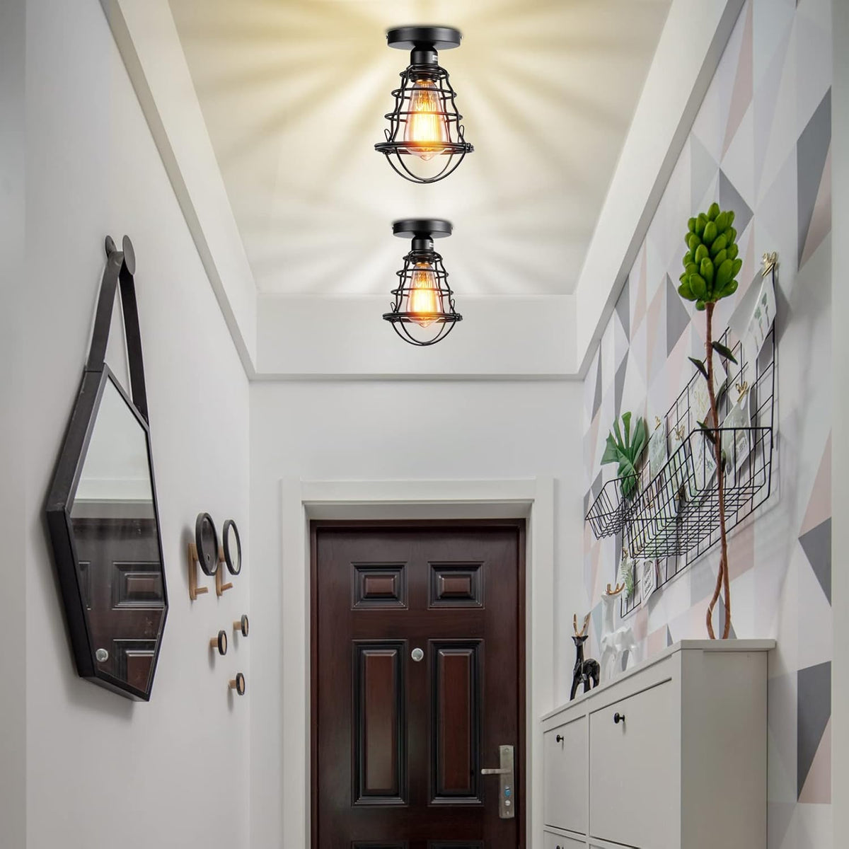 Vintage Black Metal Cage Semi Flush Mount Ceiling Light 2 Pack Y707