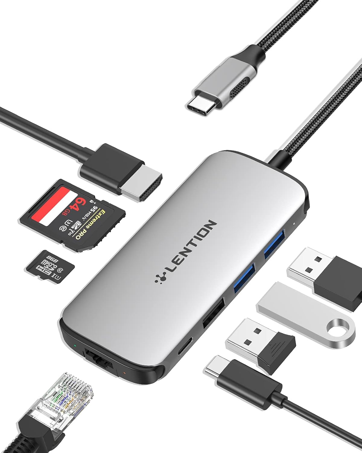 Ultra-Thin USB C Hub with Gigabit Ethernet, 4K HDMI, USB 3.0/2.0, Card Readers & PD Adapter B263