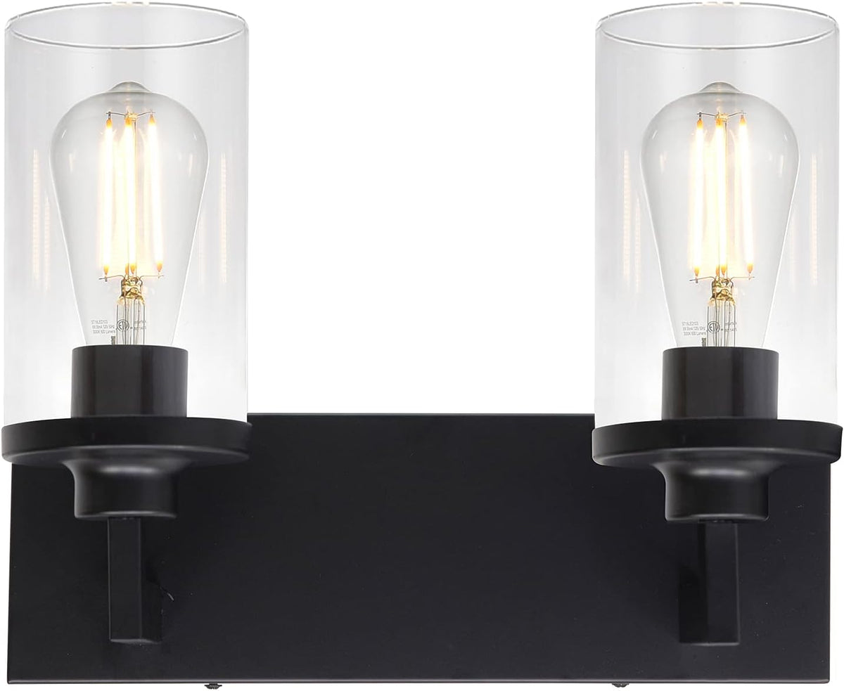 2 Light Matte Black Wall Sconces with Cylinder Glass Shade R661486