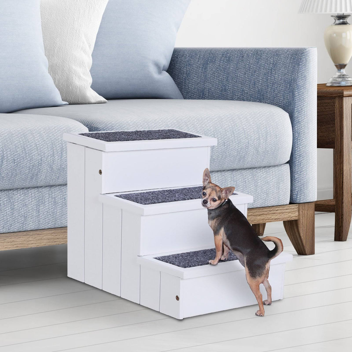 White 3 Step Wooden Non Slip Pet Stairs L279