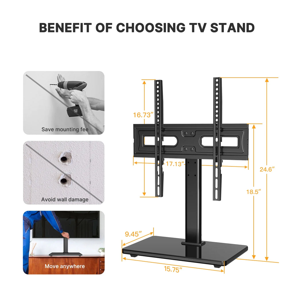Black Universal Swivel Table Top TV Stand Glass Base for 32-65 inch TVs Z8414