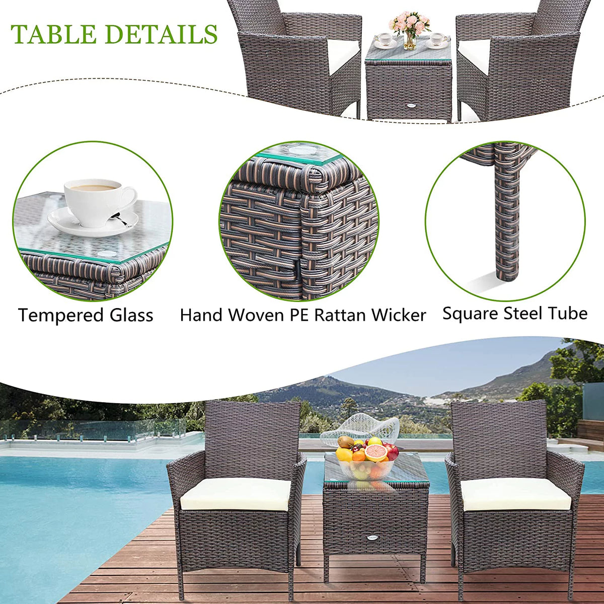3 Pieces Beige Rattan Wicker Outdoor Furniture Set O375