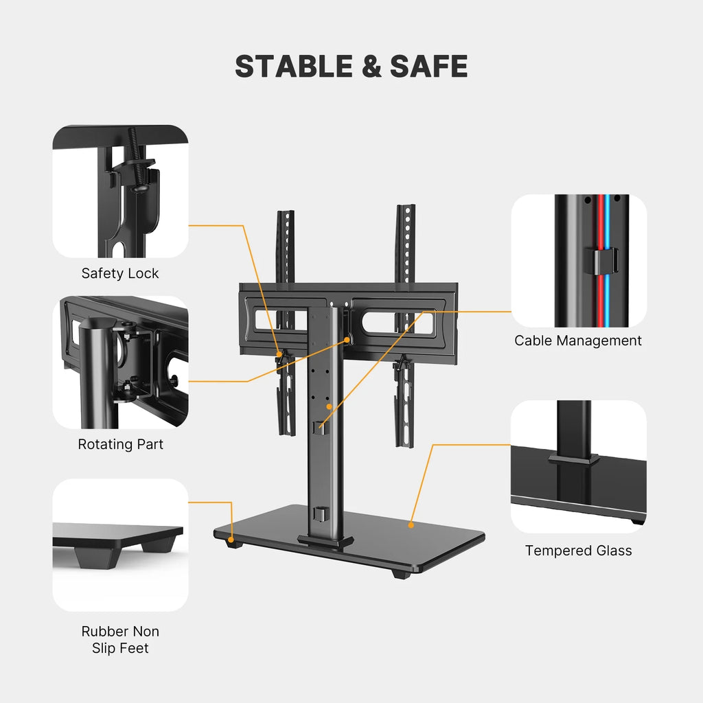 Black Universal Swivel Table Top TV Stand Glass Base for 32-65 inch TVs Z8414