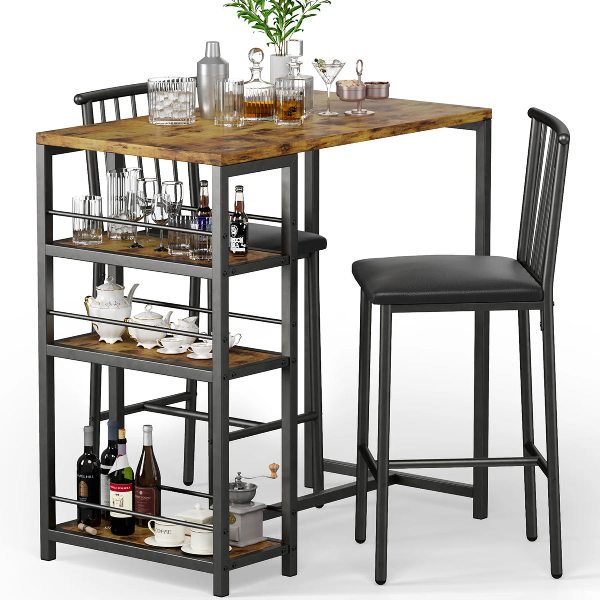 3-Piece Wooden Counter Height Dining Table Set Black T8674