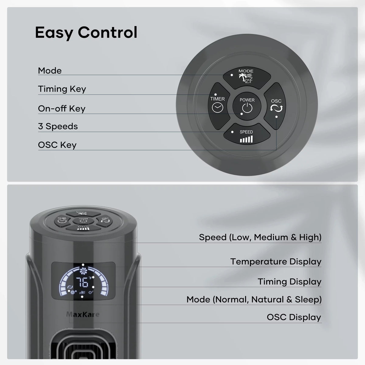 36 Tower Fan with Remote, 3 Speeds 3 Modes 15H Timer, 90° Oscillating, Grey N891730