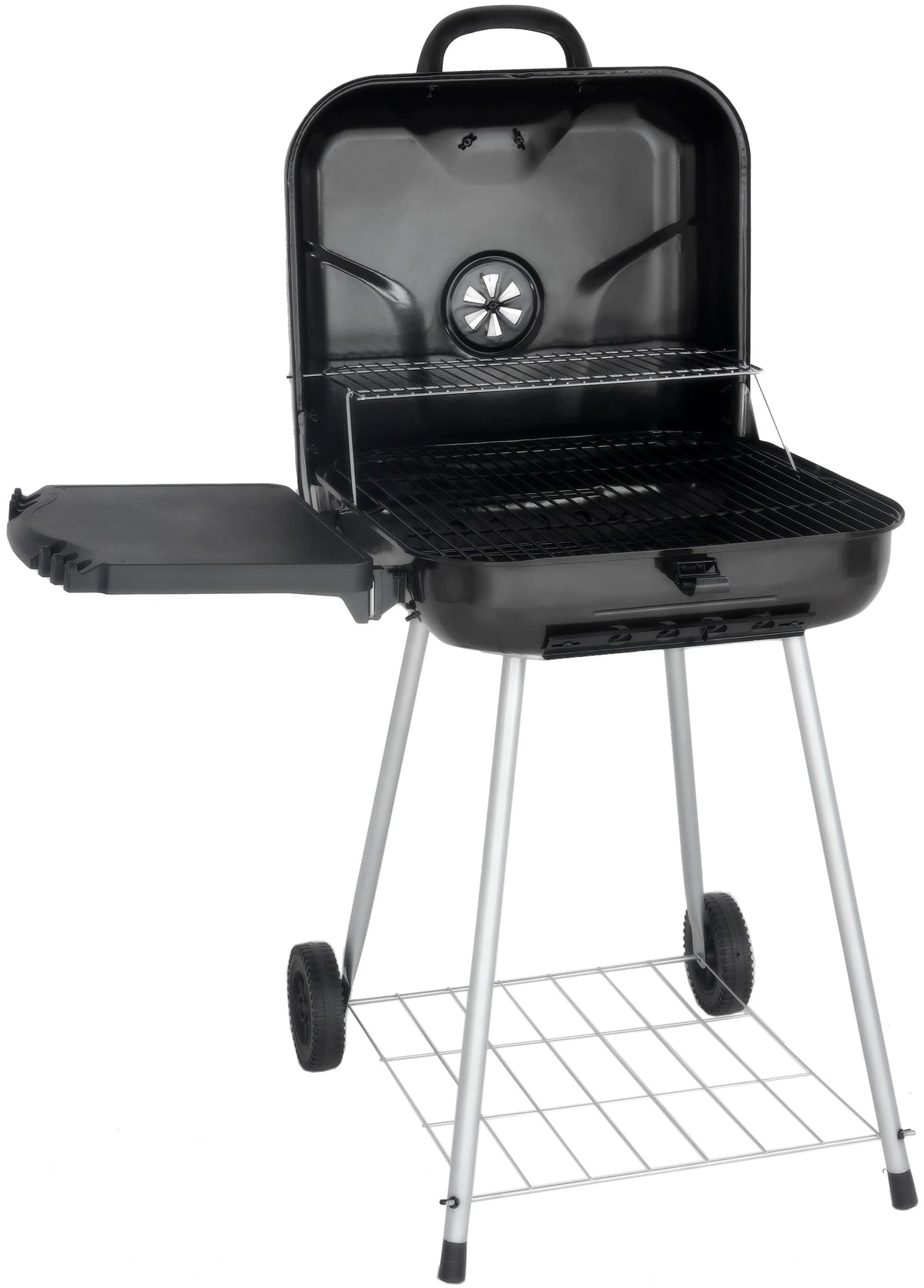 22 Square Steel Charcoal Grill with Foldable Side Shelf, Black Y41323