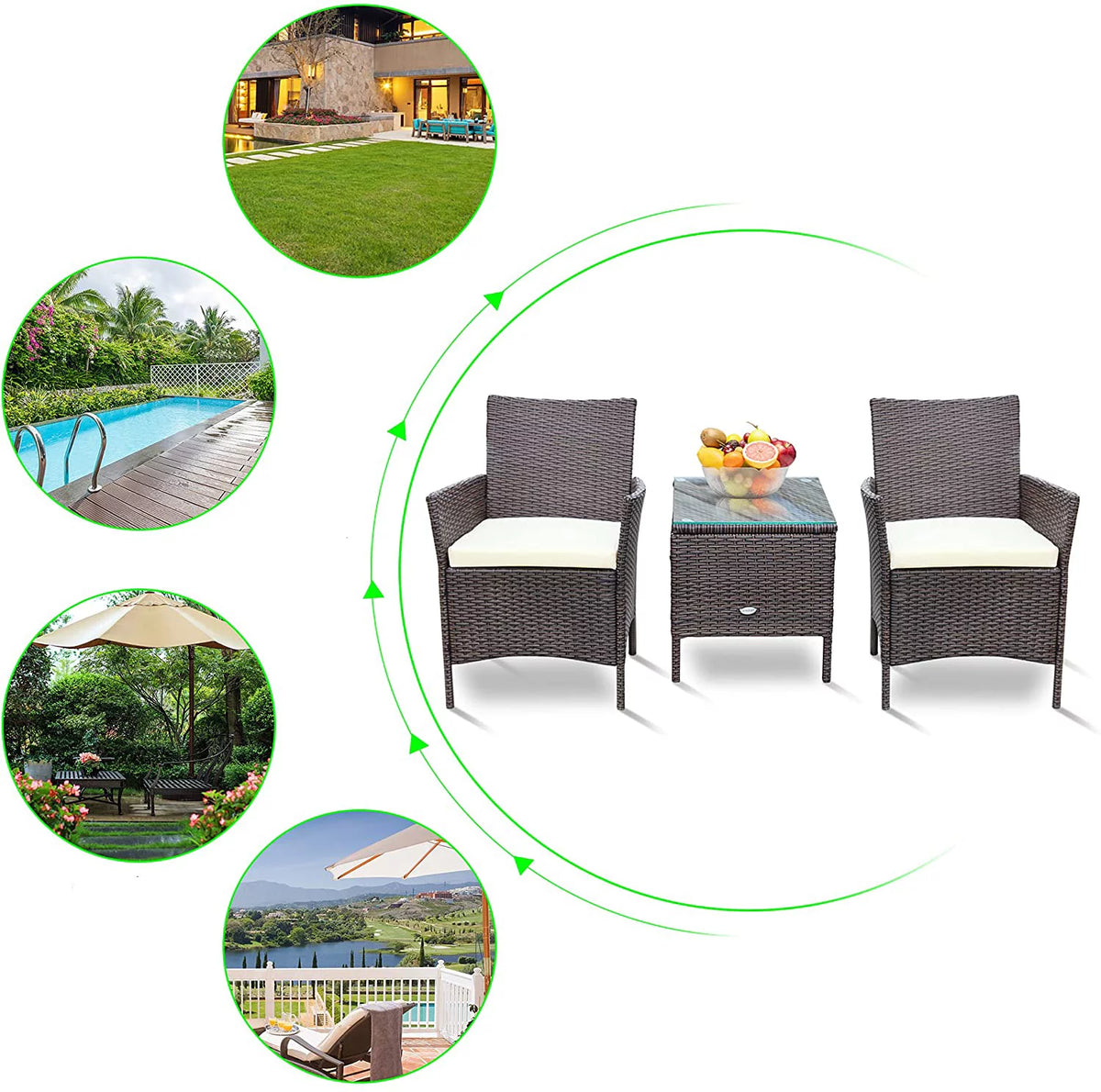3 Pieces Beige Rattan Wicker Outdoor Furniture Set O375
