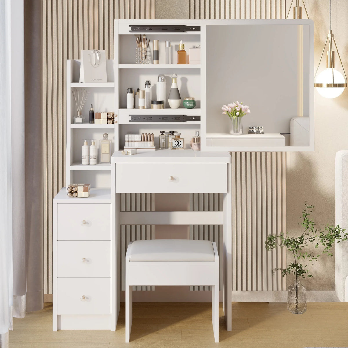 White Vanity Set with Sliding Mirror, Drawers & Stool C4699