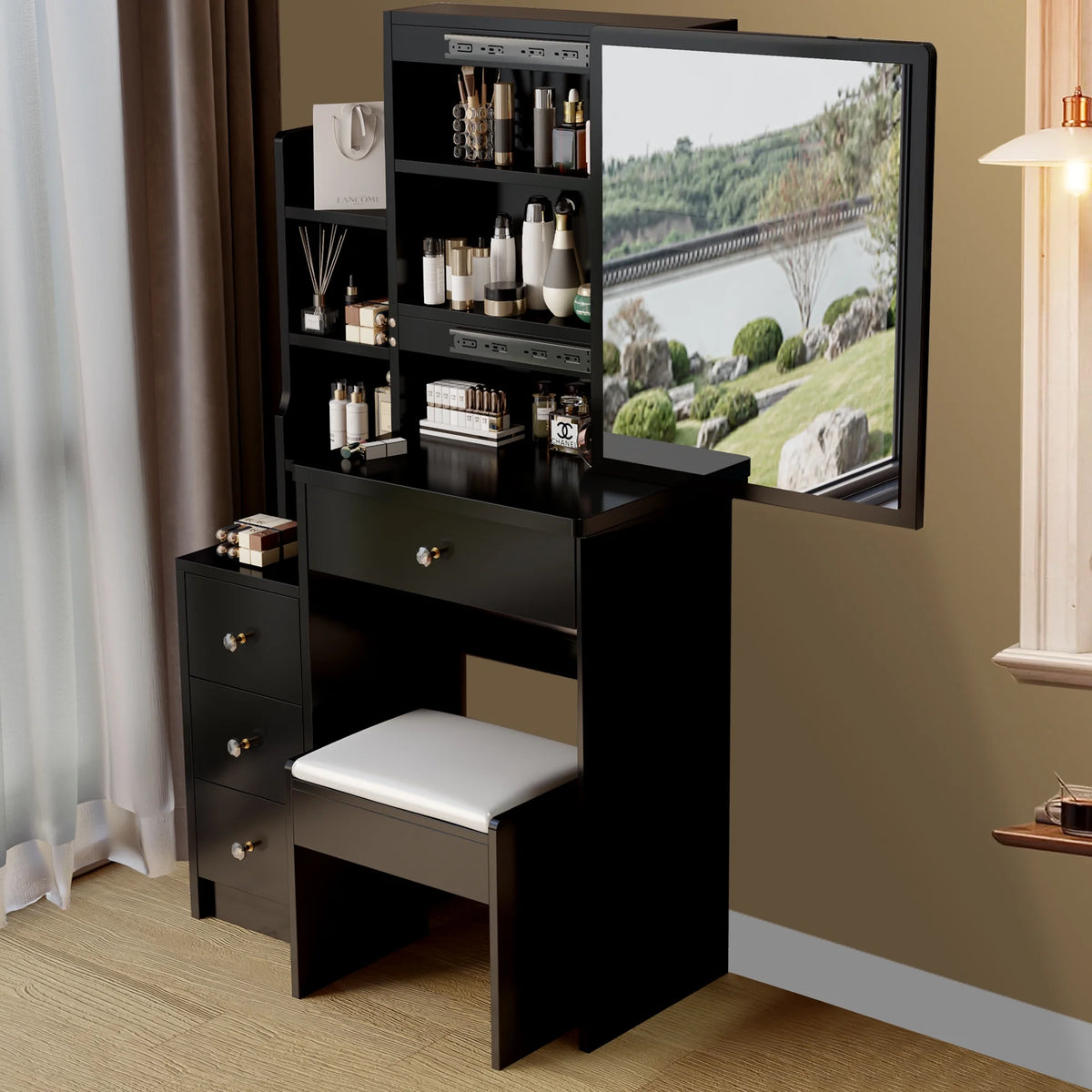 White Vanity Set with Sliding Mirror, Drawers & Stool C4699