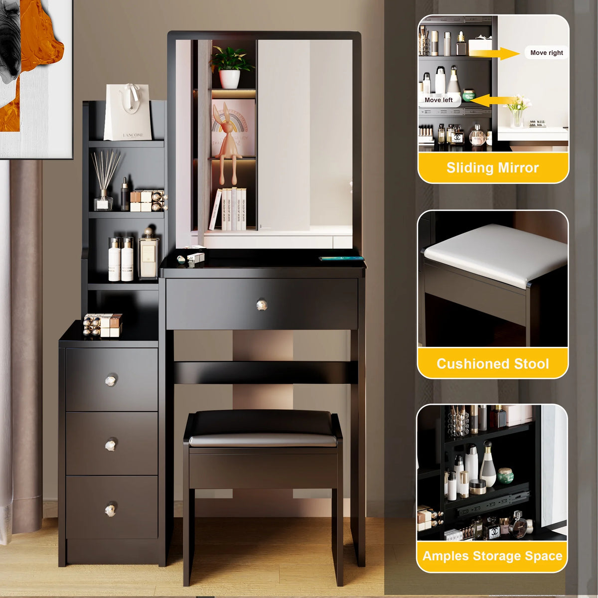 White Vanity Set with Sliding Mirror, Drawers & Stool C4699