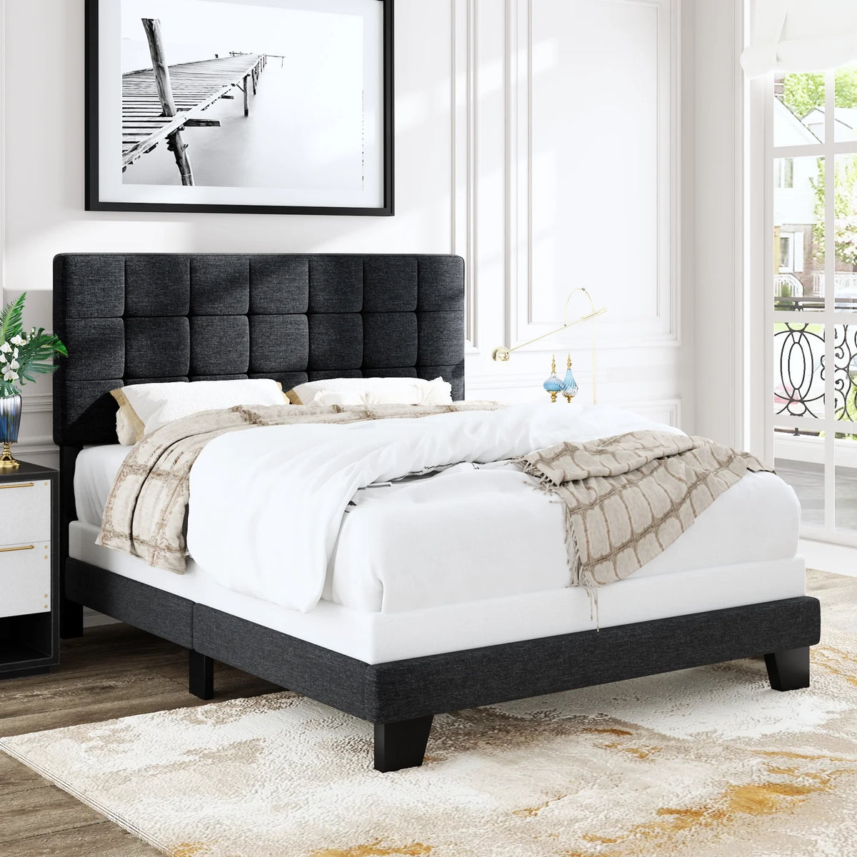Queen Size Grey Upholstered Panel Platform Bed Frame F5366