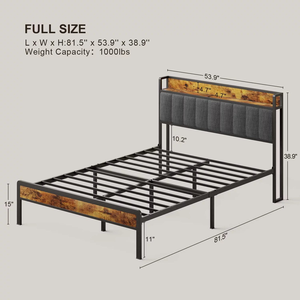 Full Size Bed Frame with Storage Headboard Dark Gray C498509